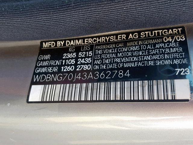 WDBNG70J43A362784 - 2003 MERCEDES-BENZ S 430 GRAY photo 10