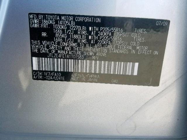 JTLZE4FE1A1101583 - 2010 TOYOTA SCION XB ვერცხლისფერი ფოტო 10