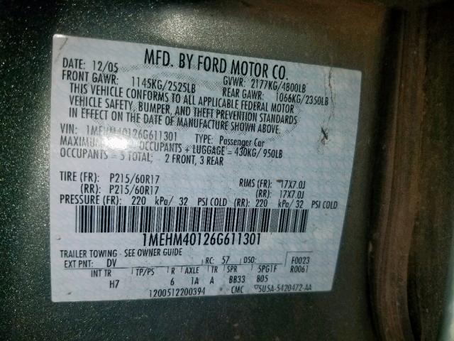 1MEHM40126G611301 - 2006 MERCURY MONTEGO LU GRAY photo 10