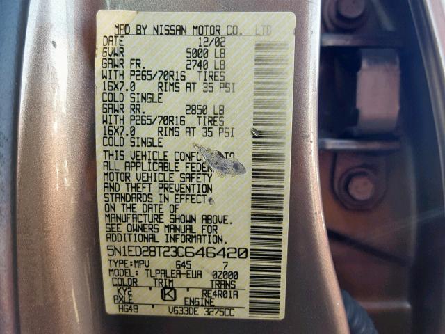 5N1ED28T23C646420 - 2003 NISSAN XTERRA XE GRAY photo 10