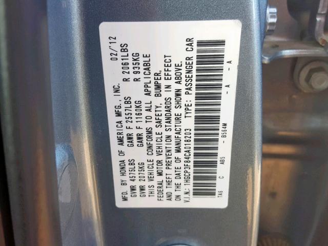 1HGCP3F84CA018203 - 2012 HONDA ACCORD EXL BLUE photo 10