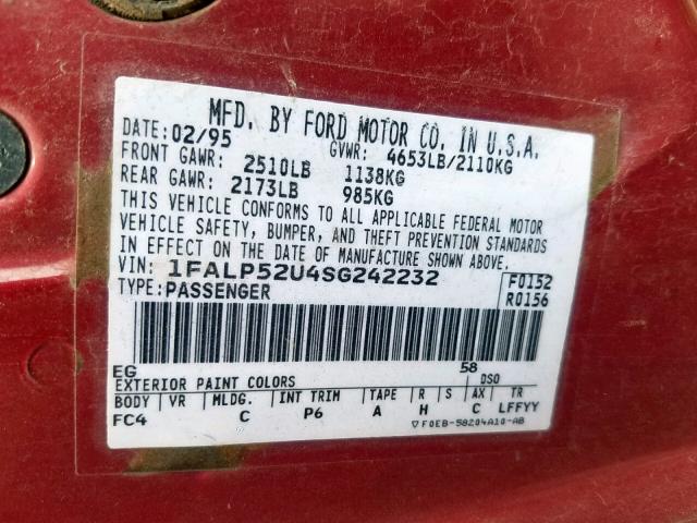 1FALP52U4SG242232 - 1995 FORD TAURUS GL RED photo 10