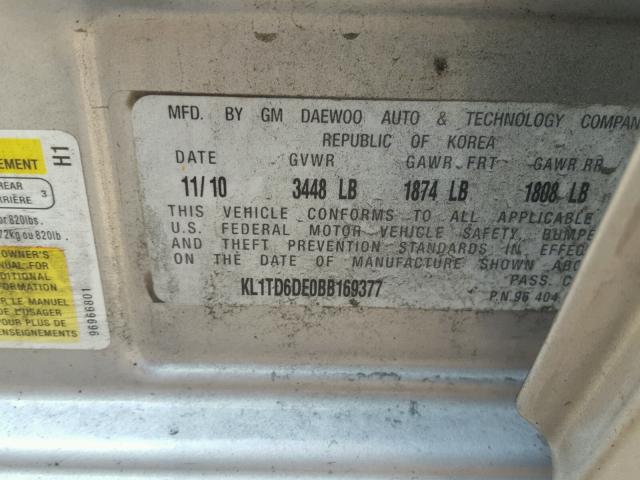 KL1TD6DE0BB169377 - 2011 CHEVROLET AVEO LS SILVER photo 10