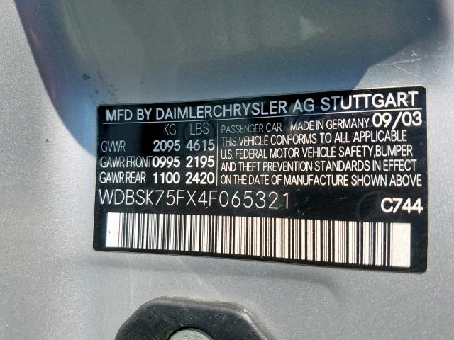 WDBSK75FX4F065321 - 2004 MERCEDES-BENZ SL 500 SILVER photo 10