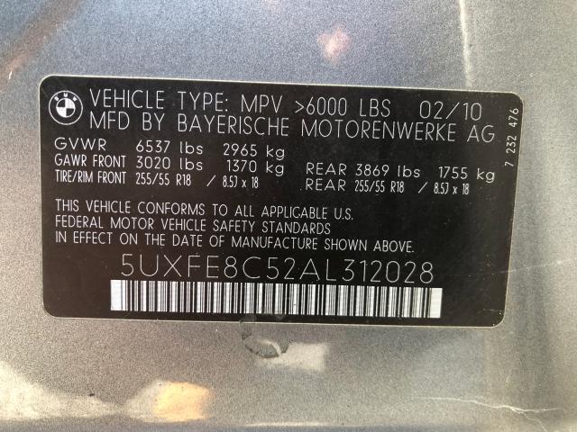 5UXFE8C52AL31202 - 2010 BMW X5 XDRIVE4 GRAY photo 10