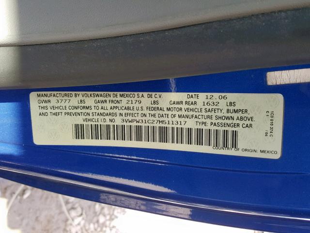 3VWPW31C27M511317 - 2007 VOLKSWAGEN NEW BEETLE Կապույտ լուսանկար 10