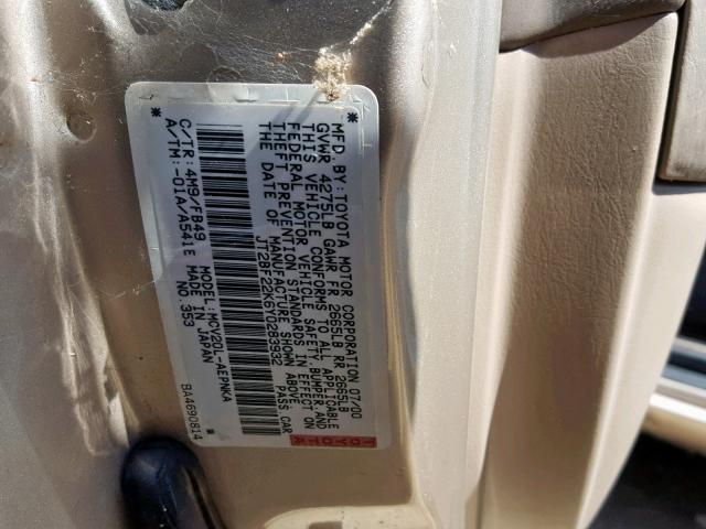 JT2BF22K6Y0283932 - 2000 TOYOTA CAMRY CE BEIGE photo 10