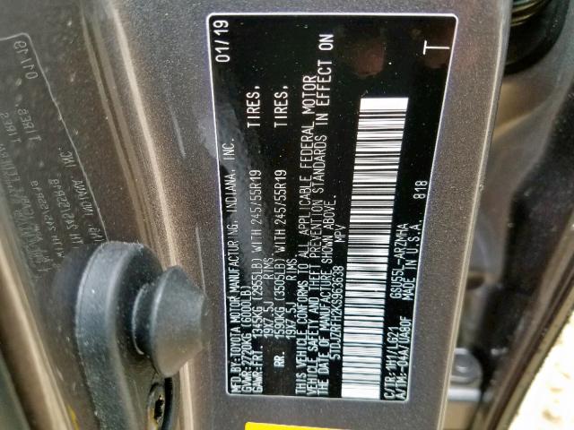 5TDJZRFH2KS963638 - 2019 TOYOTA HIGHLANDER CHARCOAL photo 10