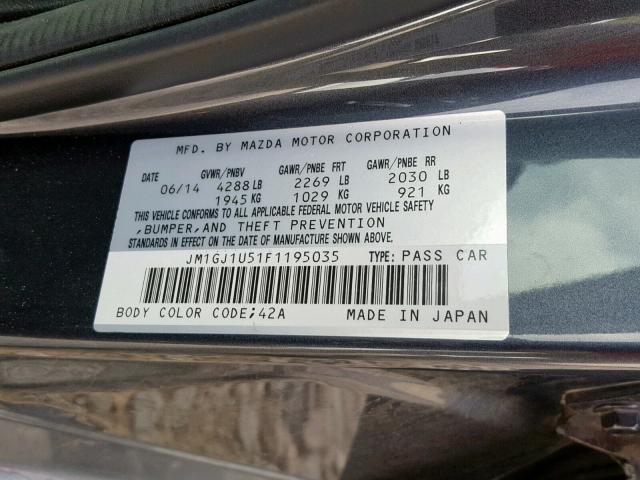 JM1GJ1U51F1195035 - 2015 MAZDA 6 SPORT GRAY photo 10