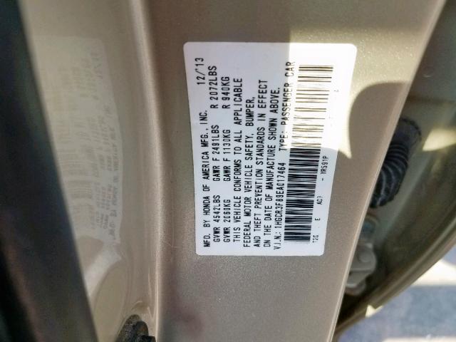 1HGCR3F89EA017464 - 2014 HONDA ACCORD EXL BEIGE photo 10