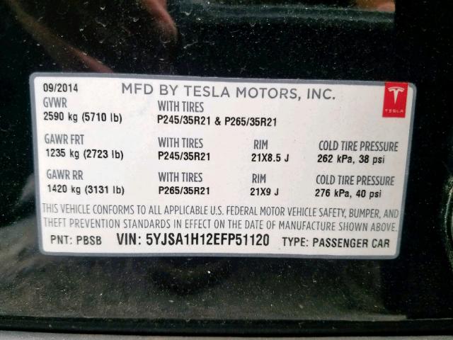 5YJSA1H12EFP51120 - 2014 TESLA MODEL S GRAY photo 10