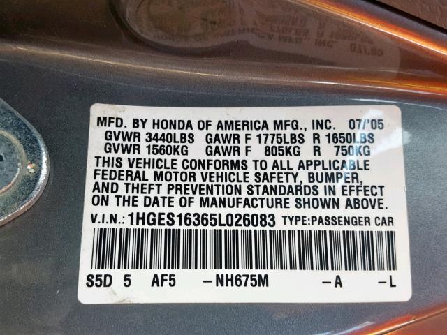 1HGES16365L026083 - 2005 HONDA CIVIC DX V GRAY photo 10