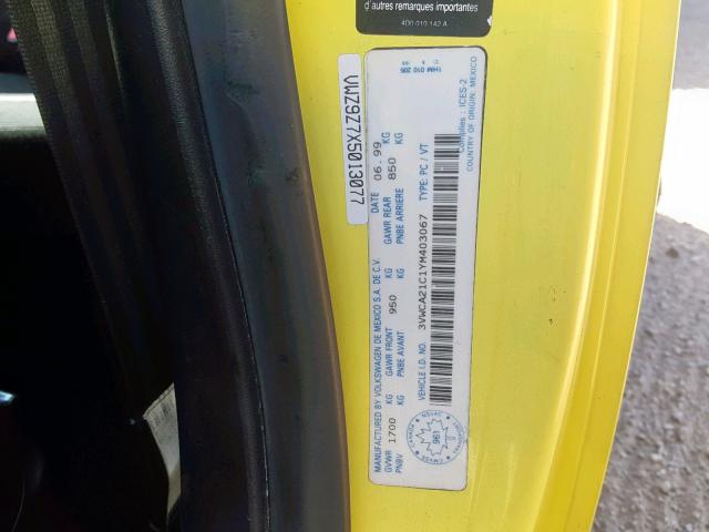 3VWCA21C1YM403067 - 2000 VOLKSWAGEN NEW BEETLE YELLOW photo 10