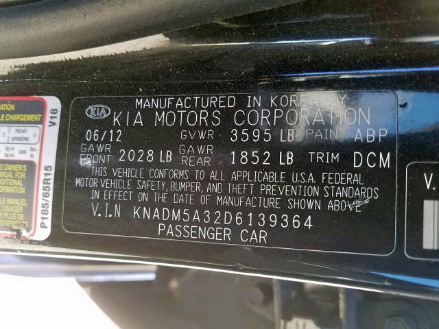 KNADM5A32D6139364 - 2013 KIA RIO LX BLACK photo 10