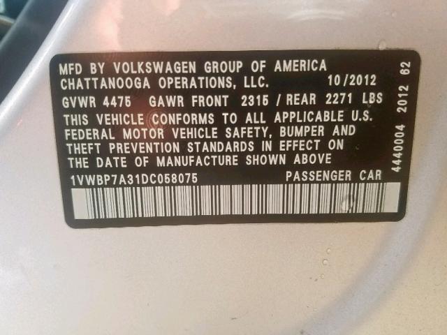 1VWBP7A31DC058075 - 2013 VOLKSWAGEN PASSAT SE SILVER photo 10