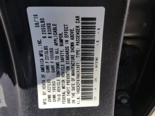 1HGCR2F87HA043981 - 2017 HONDA ACCORD EXL GRAY photo 10