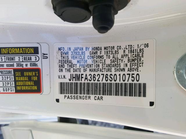 JHMFA36276S010750 - 2006 HONDA CIVIC HYBR WHITE photo 10