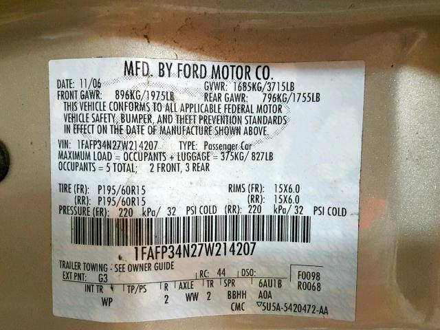 1FAFP34N27W214207 - 2007 FORD FOCUS ZX4 GOLD photo 10