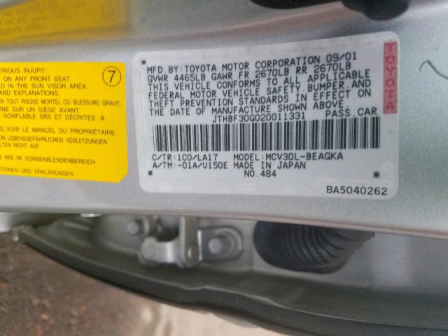 JTHBF30G020011331 - 2002 LEXUS ES 300 SILVER photo 10