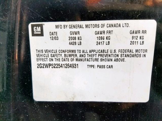 2G2WP522541264931 - 2004 PONTIAC GRAND PRIX BLACK photo 10