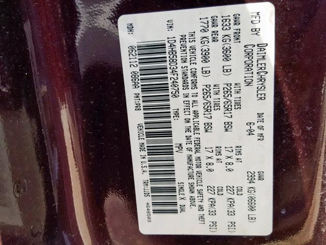 1D4HB58D34F240750 - 2004 DODGE DURANGO LI MAROON photo 10