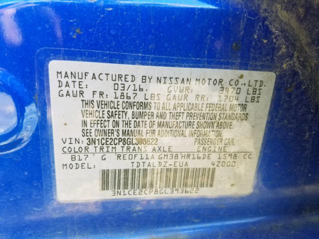 3N1CE2CP8GL393622 - 2016 NISSAN VERSA NOTE BLUE photo 10