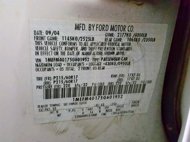 1MEFM40175G601952 - 2005 MERCURY MONTEGO LU WHITE photo 10