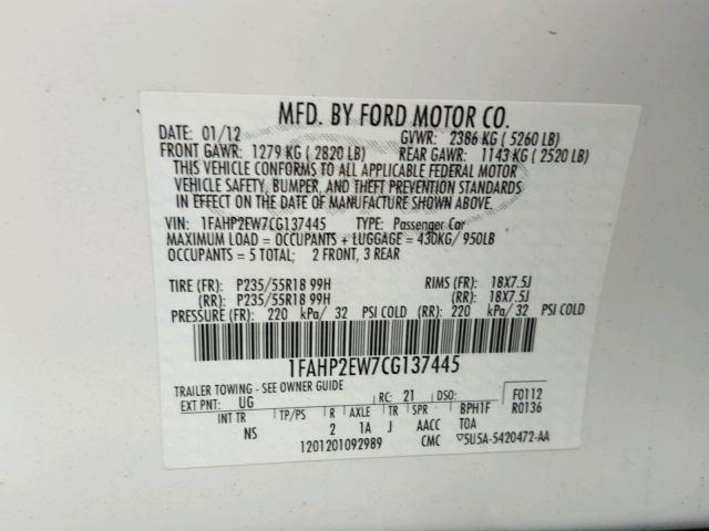 1FAHP2EW7CG137445 - 2012 FORD TAURUS SEL WHITE photo 10