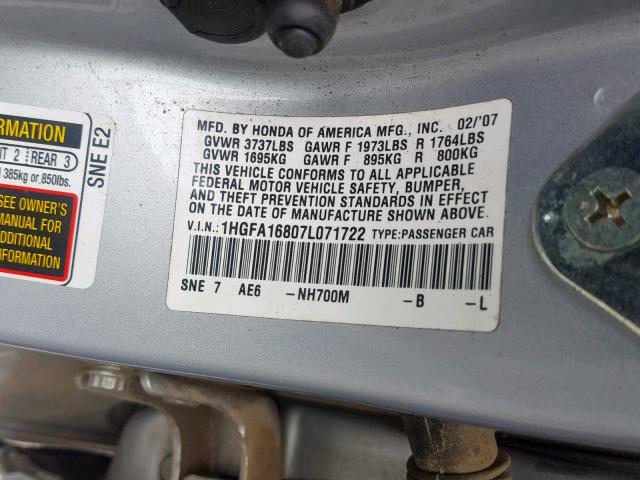 1HGFA16807L071722 - 2007 HONDA CIVIC EX SILVER photo 10