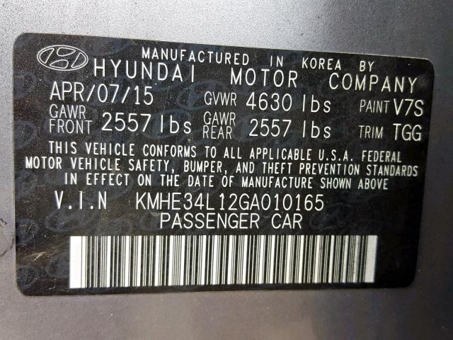 KMHE34L12GA010165 - 2016 HYUNDAI SONATA HYB GRAY photo 10