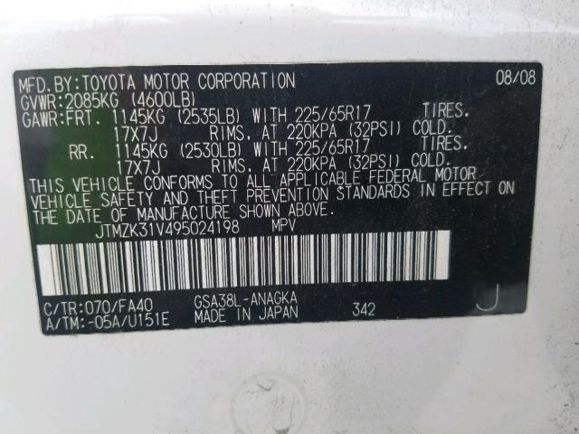 JTMZK31V495024198 - 2009 TOYOTA RAV4 LIMIT WHITE photo 10