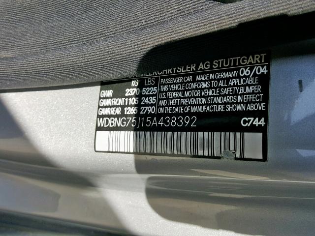 WDBNG75J15A438392 - 2005 MERCEDES-BENZ S 500 SILVER photo 10