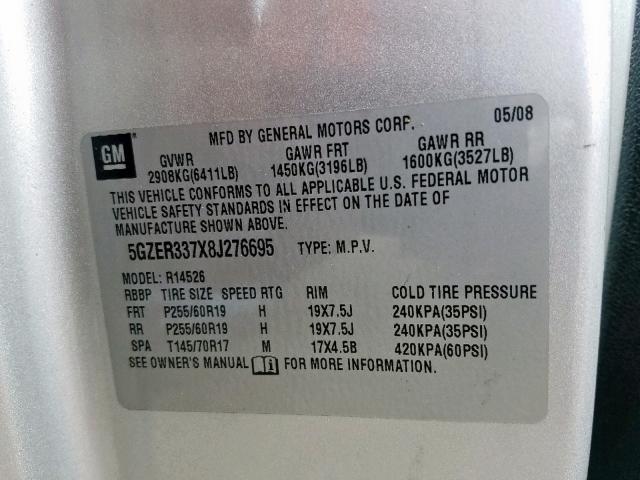 5GZER337X8J276695 - 2008 SATURN OUTLOOK XR ვერცხლისფერი ფოტო 10