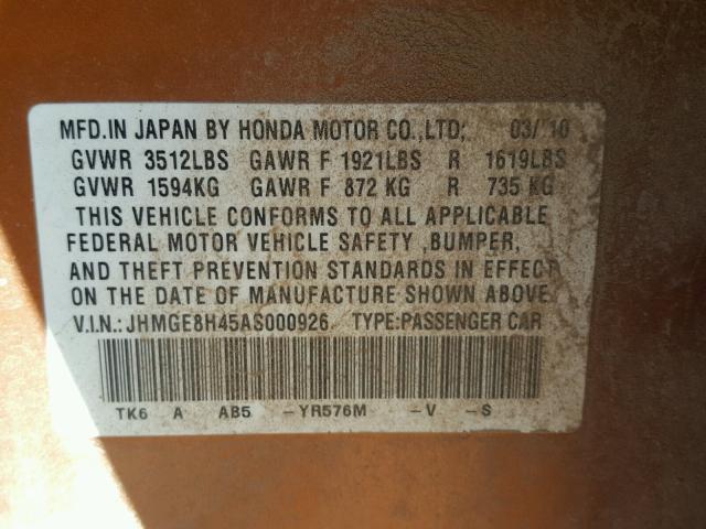 JHMGE8H45AS000926 - 2010 HONDA FIT SPORT ORANGE photo 10