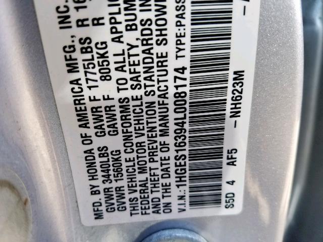 1HGES16394L008174 - 2004 HONDA CIVIC DX V SILVER photo 10