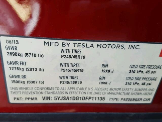 5YJSA1DG1DFP11135 - 2013 TESLA MODEL S RED photo 10