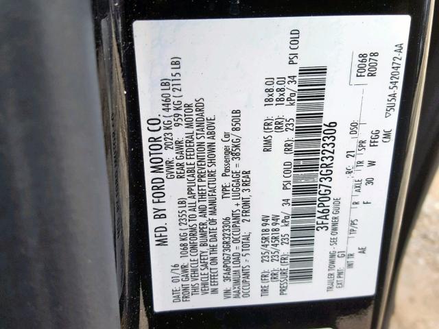 3FA6P0G73GR323306 - 2016 FORD FUSION S BLACK photo 10