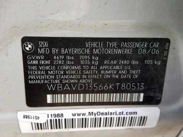 WBAVD13566KT80513 - 2006 BMW 325 XI SILVER photo 10