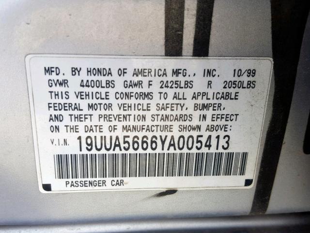 19UUA5666YA005413 - 2000 ACURA 3.2TL SILVER photo 10