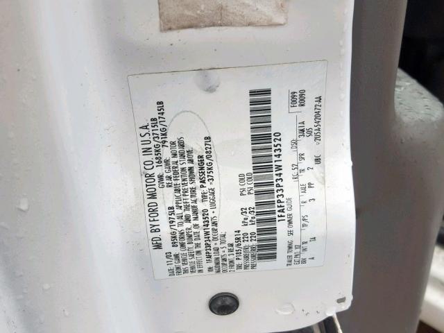 1FAFP33P34W143520 - 2004 FORD FOCUS LX WHITE photo 10