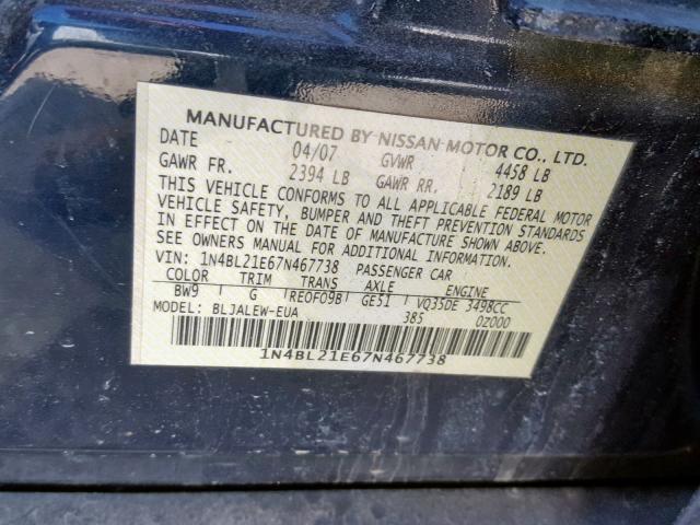 1N4BL21E67N467738 - 2007 NISSAN ALTIMA 3.5 BLUE photo 10