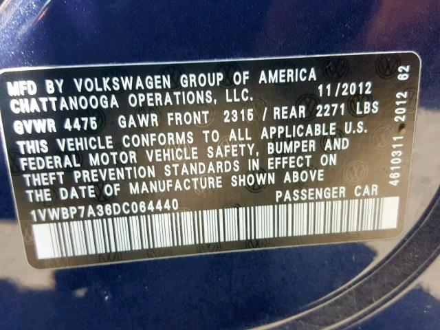 1VWBP7A36DC064440 - 2013 VOLKSWAGEN PASSAT SE BLUE photo 10