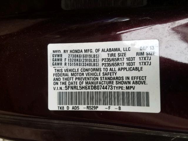 5FNRL5H6XDB074473 - 2013 HONDA ODYSSEY EX MAROON photo 10