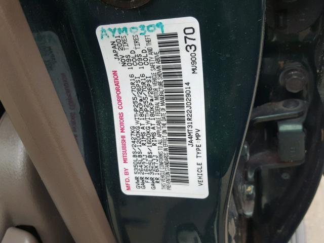 JA4MT31R22J029014 - 2002 MITSUBISHI MONTERO SP GREEN photo 10