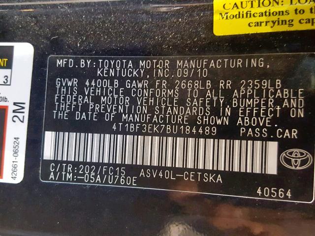 4T1BF3EK7BU184489 - 2011 TOYOTA CAMRY BASE BLACK photo 10