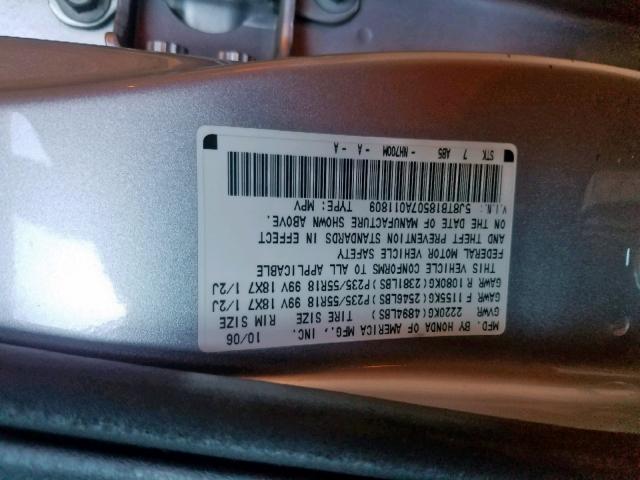 5J8TB18507A011809 - 2007 ACURA RDX TECHNO SILVER photo 10