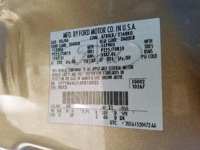 1FTYR44U14PB10033 - 2004 FORD RANGER SUP GOLD photo 10