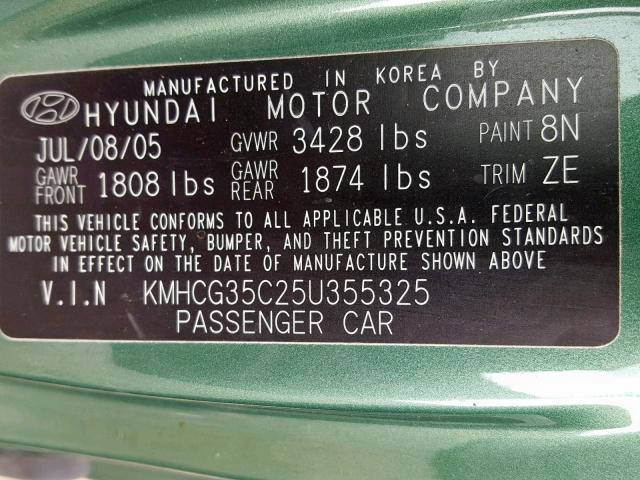 KMHCG35C25U355325 - 2005 HYUNDAI ACCENT GS GREEN photo 10