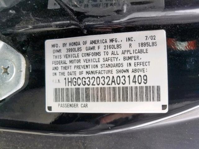 1HGCG32032A031409 - 2002 HONDA ACCORD SE BLACK photo 10