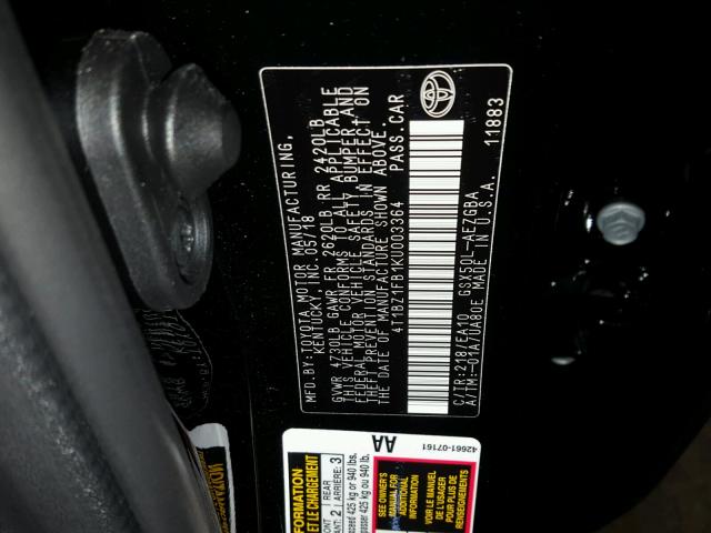 4T1BZ1FB1KU003364 - 2019 TOYOTA AVALON XLE BLACK photo 10